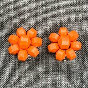 CLip On Earrings Orange Salmon Cluster Beaded Silver Hong Kong Classic Granny